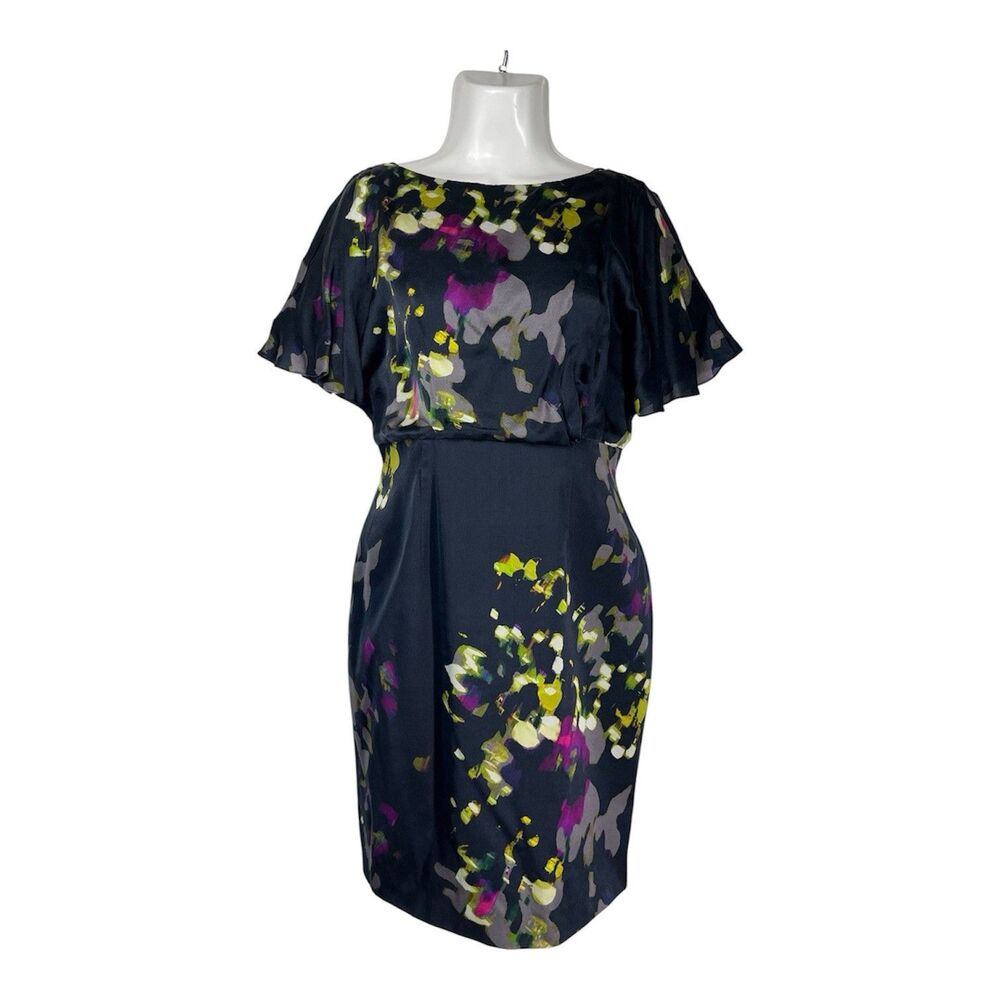 Kay Unger Dress 8 Navy Blue Yellow V Back Zip Flutter Sleeve Artsy Modern